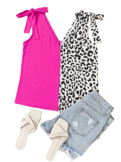 Rose Leopard Patchwork Tie Strap V-Neck Tank Top