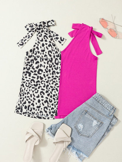 Rose Leopard Patchwork Tie Strap V-Neck Tank Top