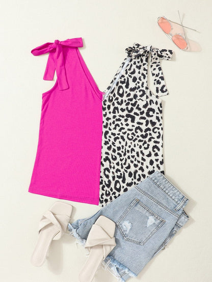 Rose Leopard Patchwork Tie Strap V-Neck Tank Top