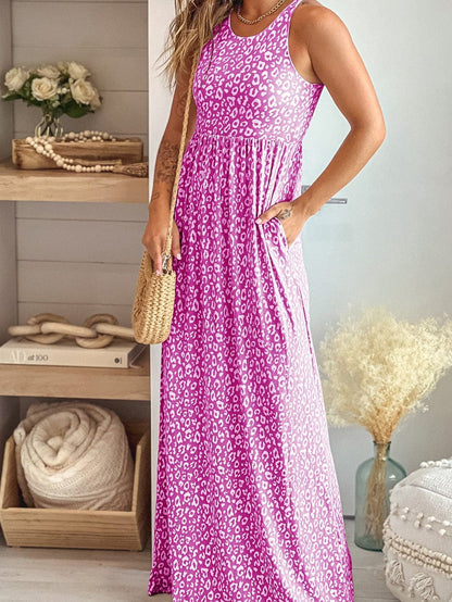 Rose Leopard Print Maxi Dress with Pockets