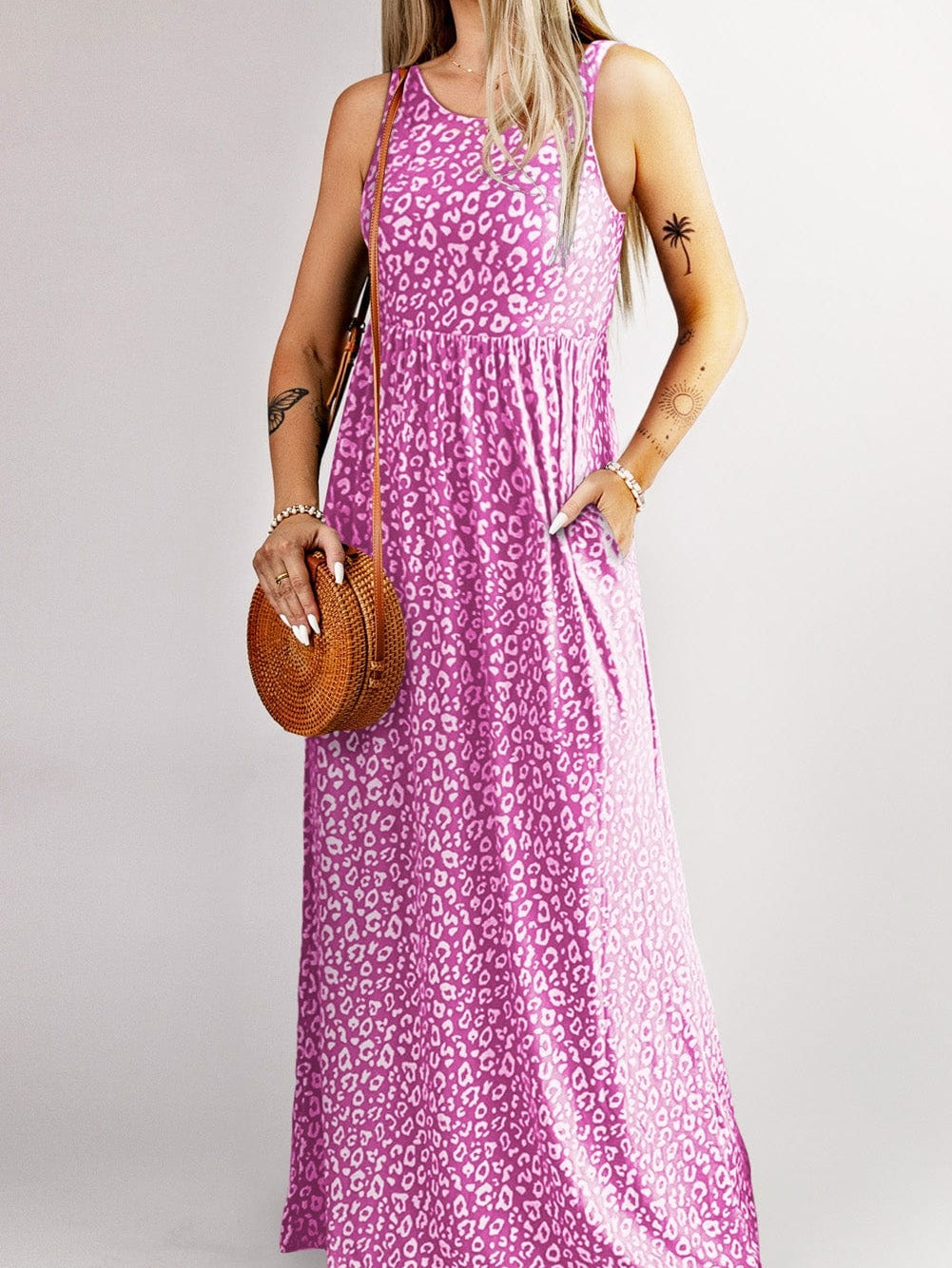 Rose Leopard Print Maxi Dress with Pockets