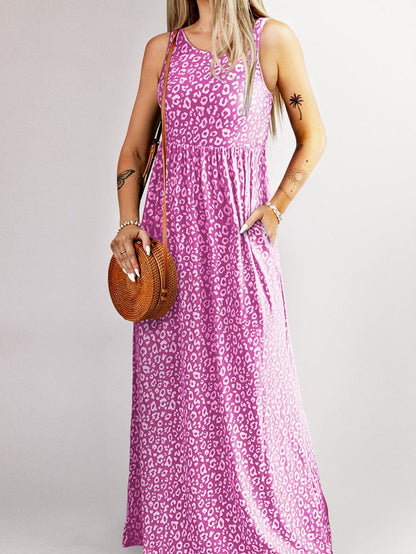 Rose Leopard Print Maxi Dress with Pockets