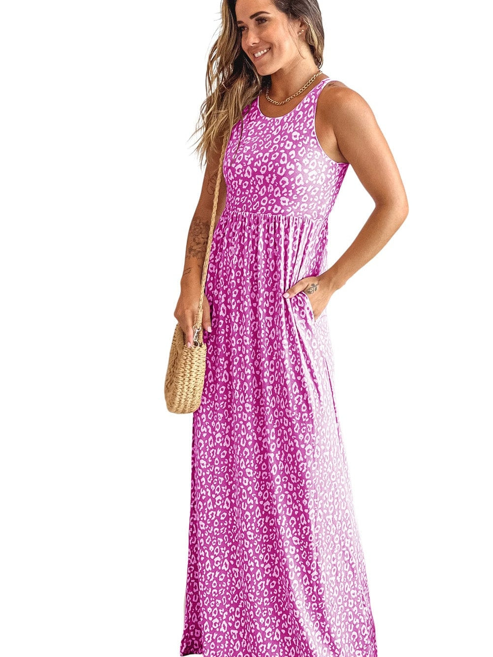 Rose Leopard Print Maxi Dress with Pockets