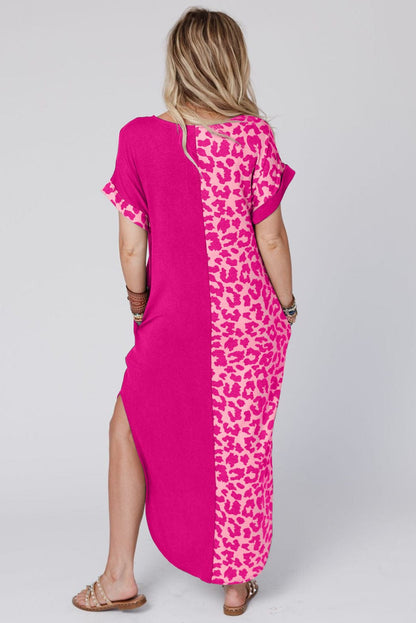 Rose Leopard Print Short Sleeve T-shirt Dress with Slits