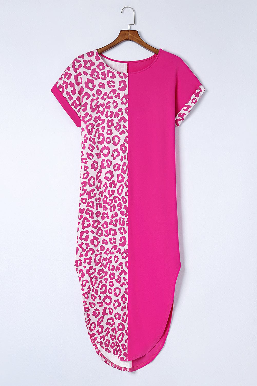 Rose Leopard Print Short Sleeve T-shirt Dress with Slits
