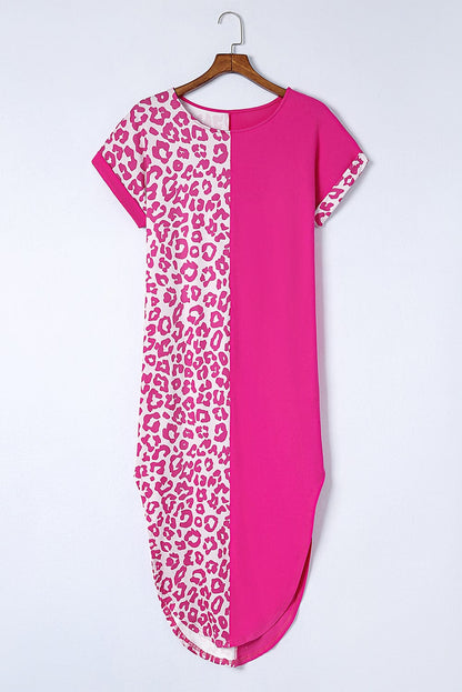 Rose Leopard Print Short Sleeve T-shirt Dress with Slits