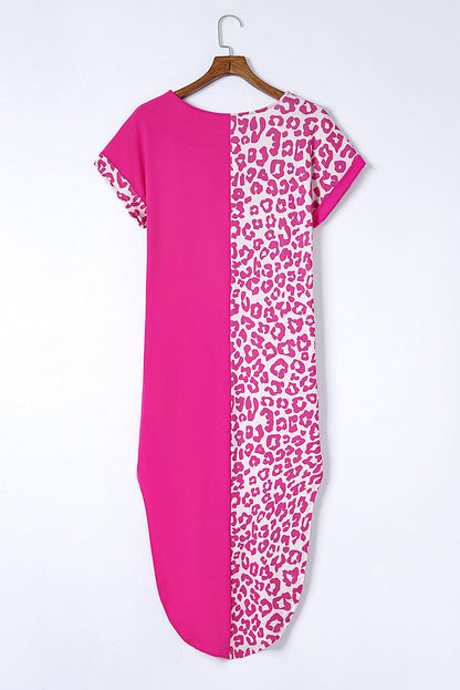 Rose Leopard Print Short Sleeve T-shirt Dress with Slits