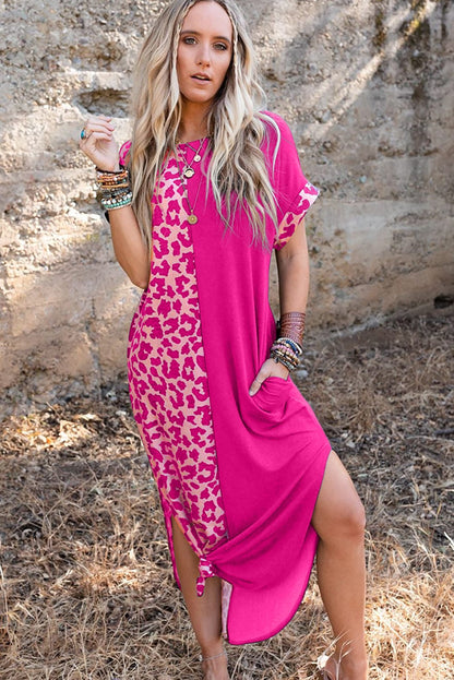 Rose Leopard Print Short Sleeve T-shirt Dress with Slits