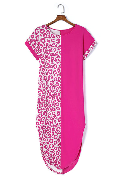Rose Leopard Print Short Sleeve T-shirt Dress with Slits