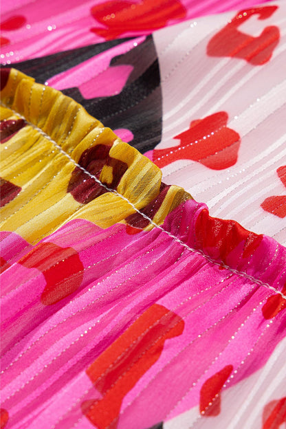 Rose Leopard Print Tiered Ruffle Mini Dress with Puff Sleeves