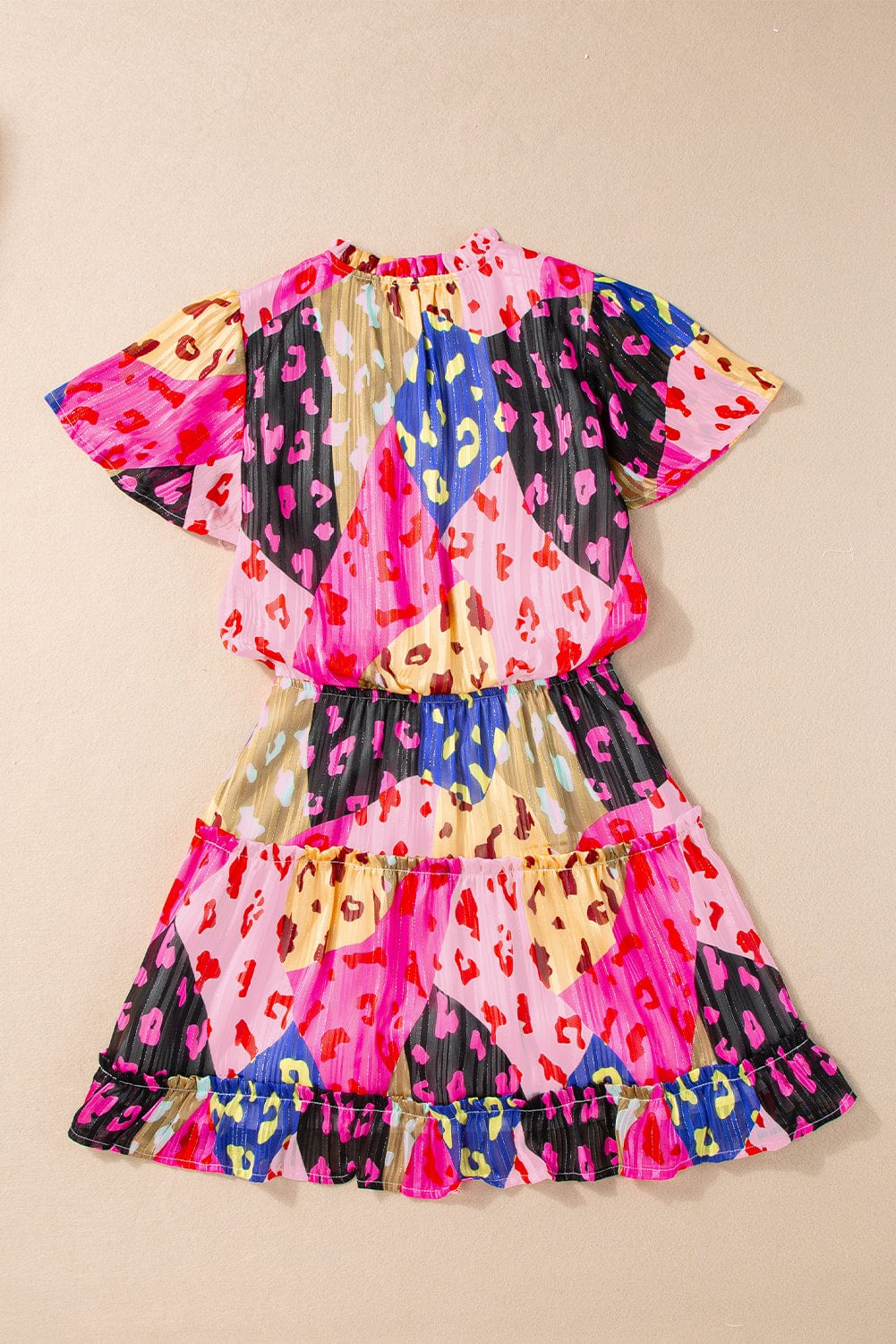 Rose Leopard Print Tiered Ruffle Mini Dress with Puff Sleeves