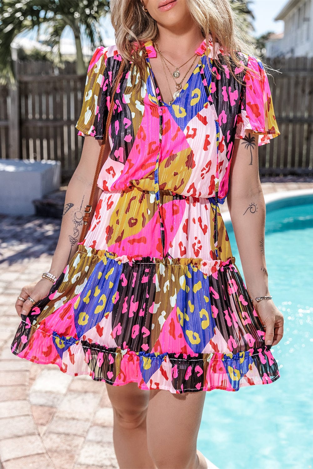 Rose Leopard Print Tiered Ruffle Mini Dress with Puff Sleeves