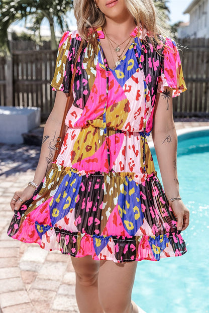 Rose Leopard Print Tiered Ruffle Mini Dress with Puff Sleeves