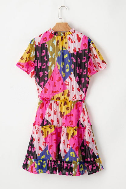 Rose Leopard Print Tiered Ruffle Mini Dress with Puff Sleeves