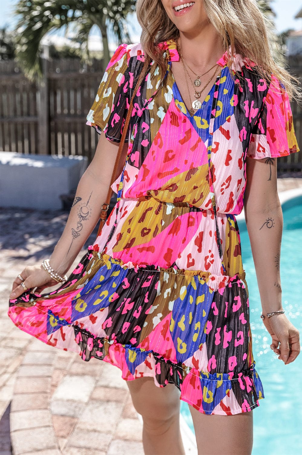 Rose Leopard Print Tiered Ruffle Mini Dress with Puff Sleeves