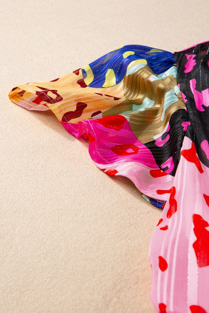 Rose Leopard Print Tiered Ruffle Mini Dress with Puff Sleeves