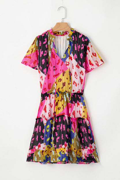 Rose Leopard Print Tiered Ruffle Mini Dress with Puff Sleeves