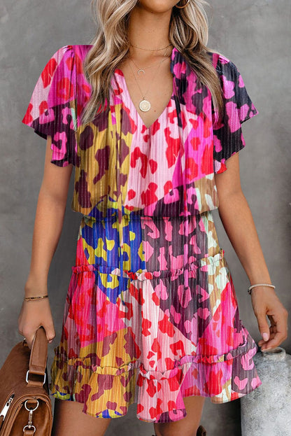 Rose Leopard Print Tiered Ruffle Mini Dress with Puff Sleeves