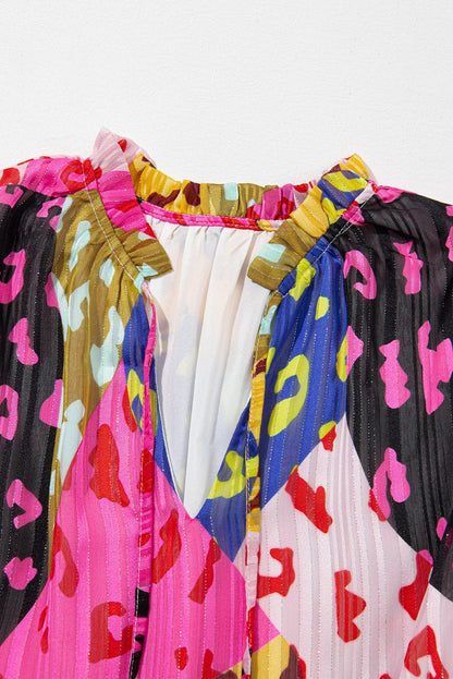 Rose Leopard Print Tiered Ruffle Mini Dress with Puff Sleeves