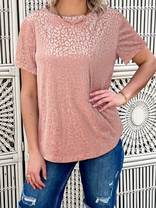 Rose Leopard Print Velvet Burnout Short Sleeve Top