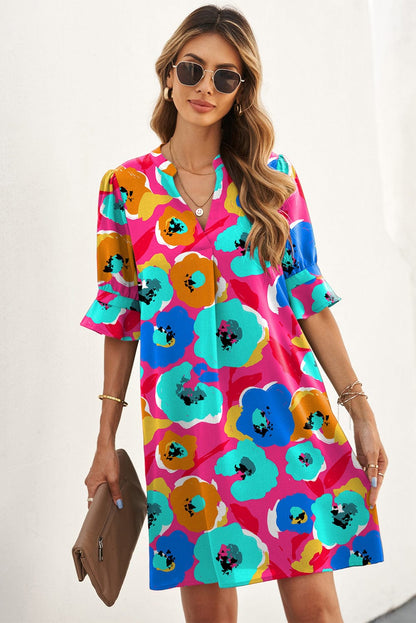 Rose Notch V-Neck Ruffle Sleeve Floral Shift Dress