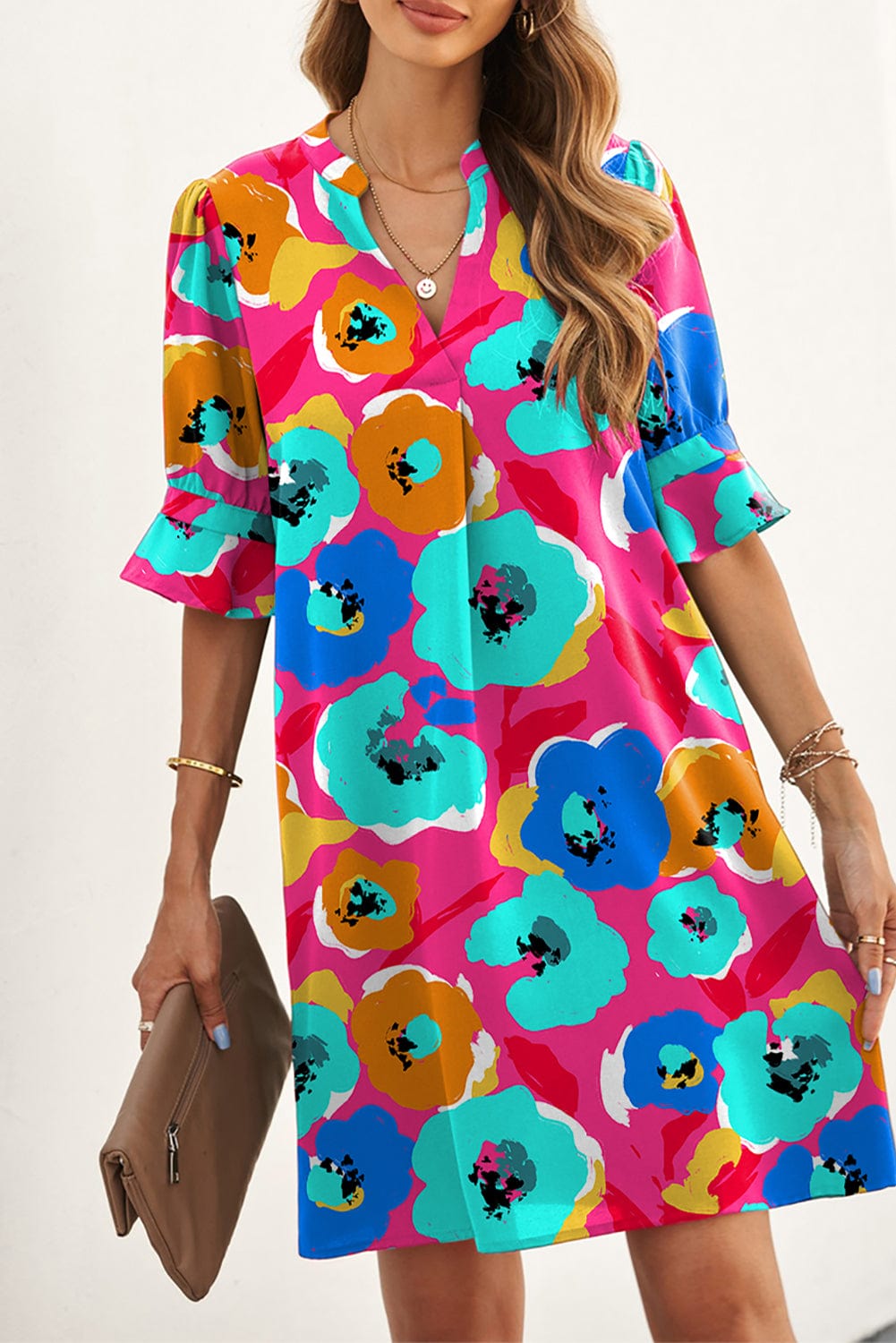 Rose Notch V-Neck Ruffle Sleeve Floral Shift Dress