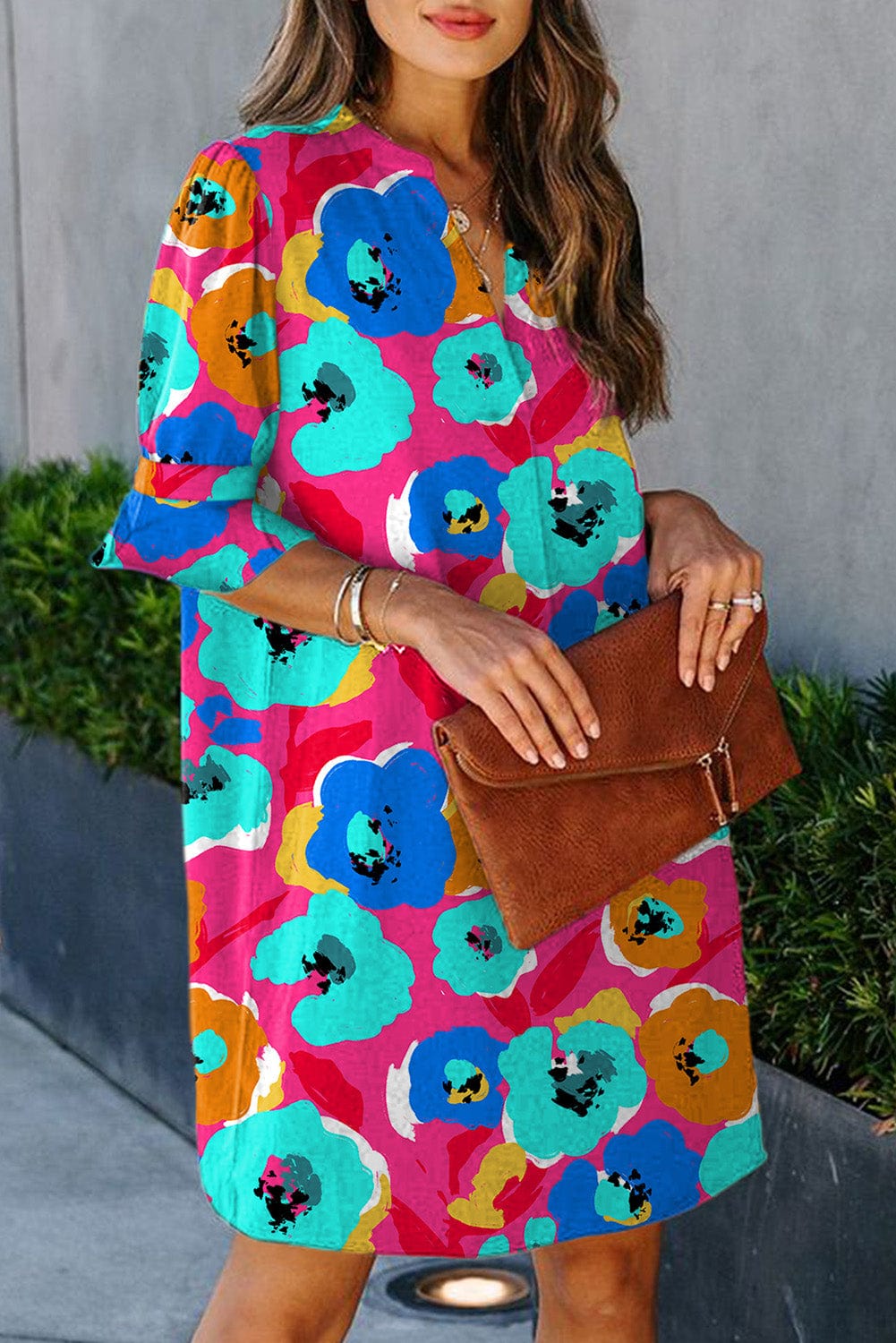 Rose Notch V-Neck Ruffle Sleeve Floral Shift Dress