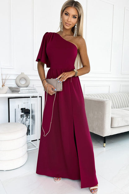 Rose One-Shoulder Maxi Dress with Ruffle Sleeve and Elegant Slit