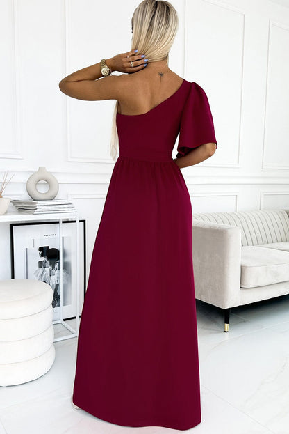 Rose One-Shoulder Maxi Dress with Ruffle Sleeve and Elegant Slit