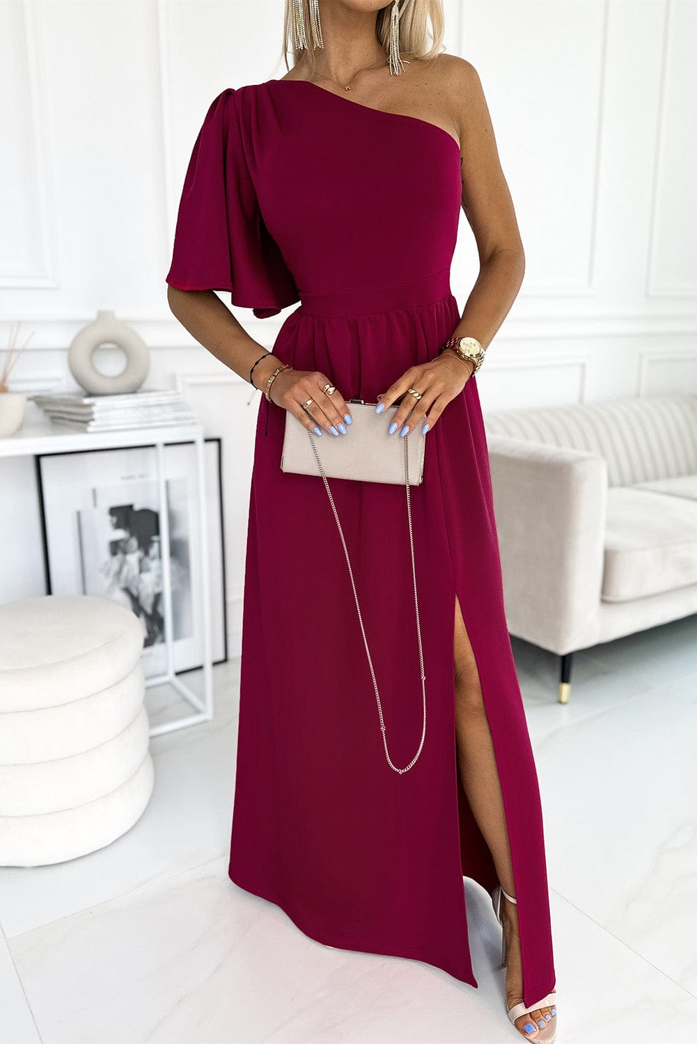 Rose One-Shoulder Maxi Dress with Ruffle Sleeve and Elegant Slit