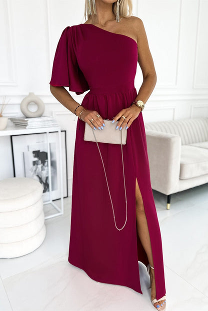 Rose One-Shoulder Maxi Dress with Ruffle Sleeve and Elegant Slit