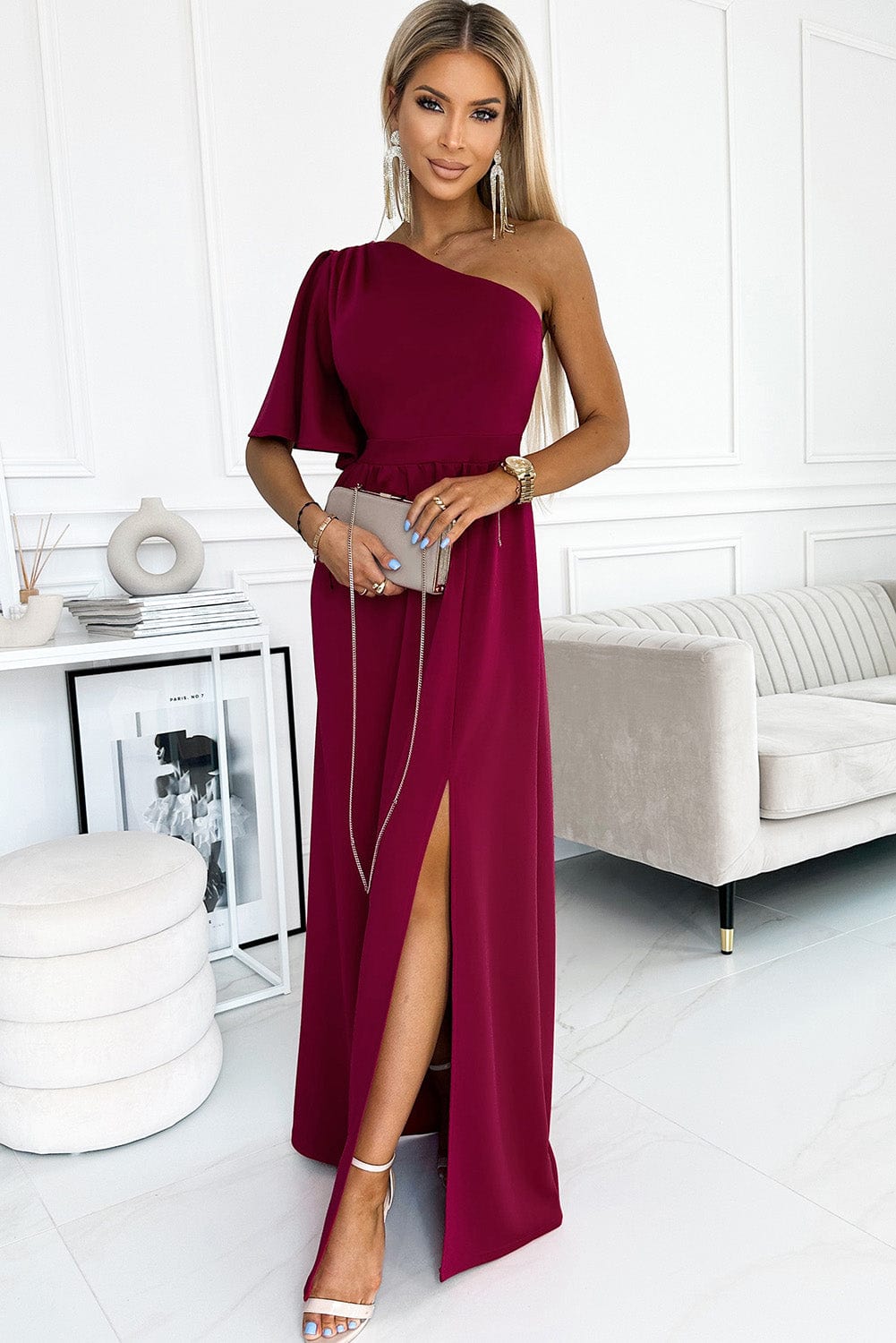 Rose One-Shoulder Maxi Dress with Ruffle Sleeve and Elegant Slit