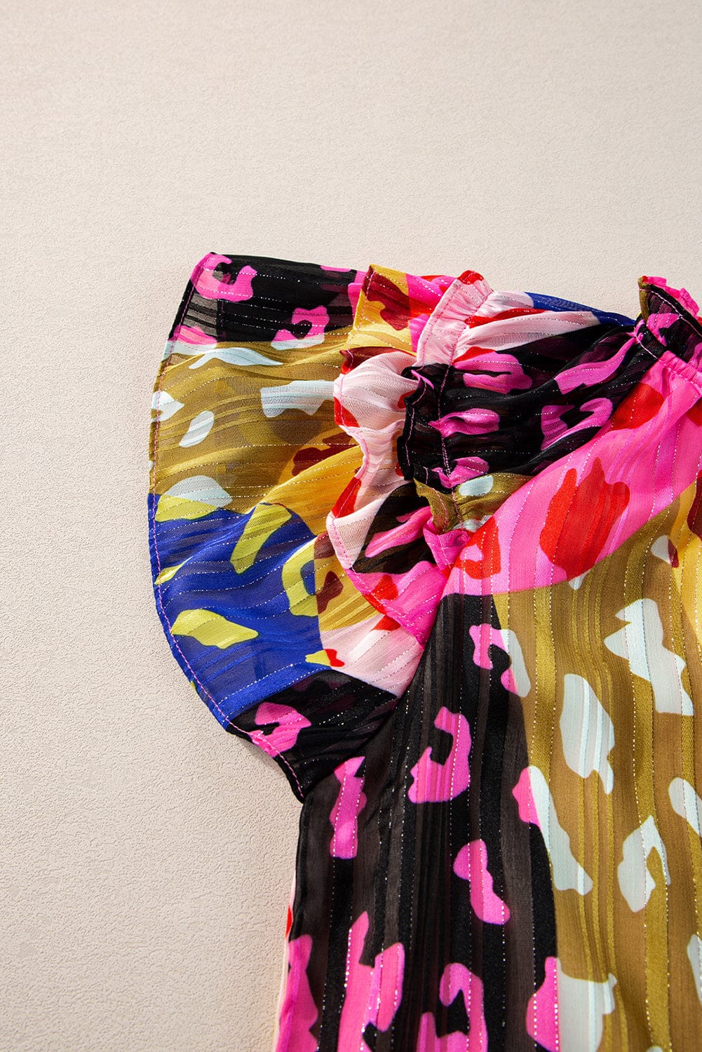 Rose Patchwork Leopard Print Ruffle Sleeve V Neck Blouse