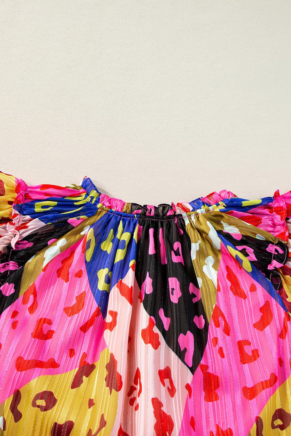 Rose Patchwork Leopard Print Ruffle Sleeve V Neck Blouse