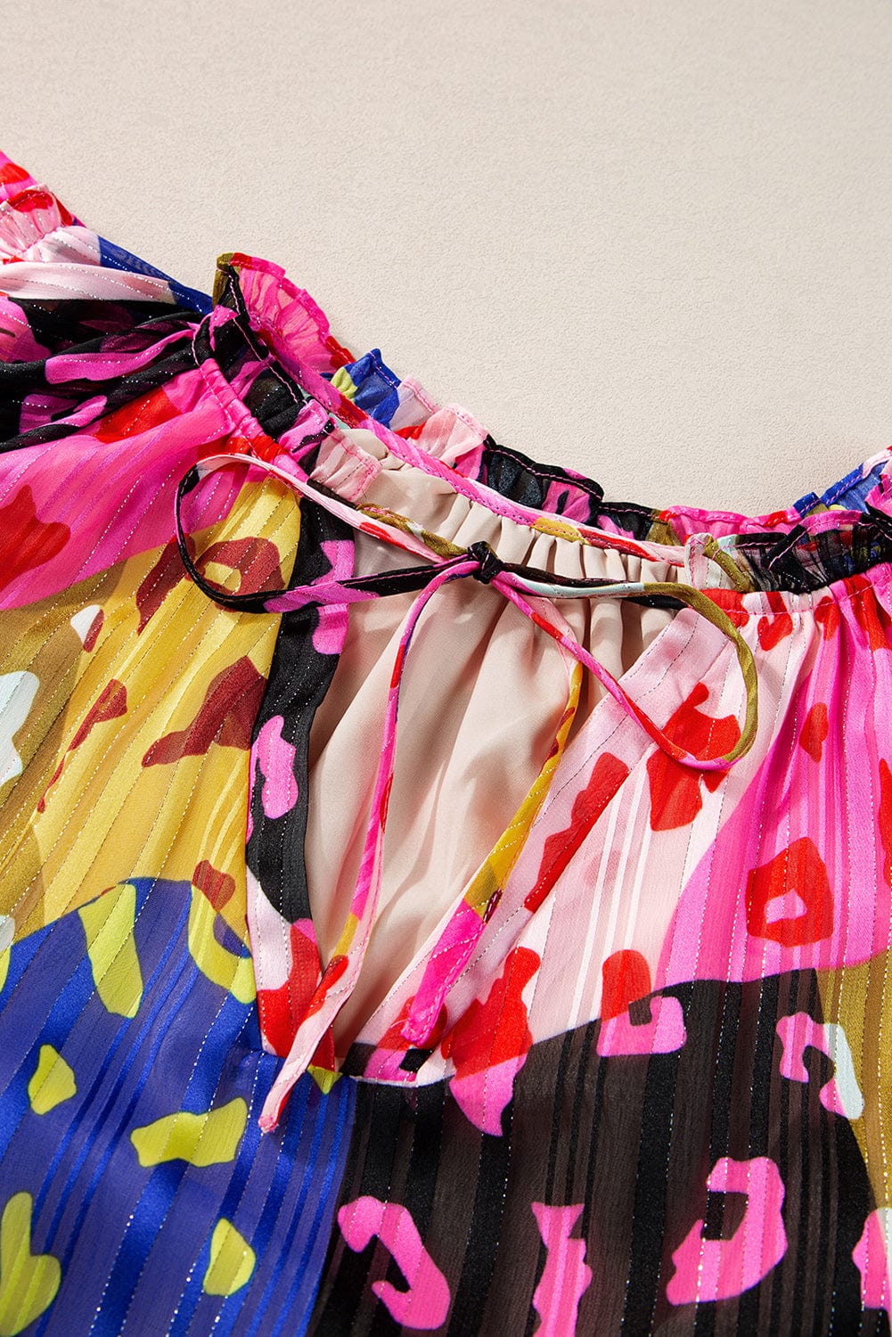 Rose Patchwork Leopard Print Ruffle Sleeve V Neck Blouse