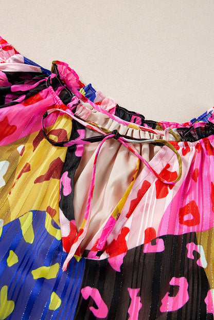 Rose Patchwork Leopard Print Ruffle Sleeve V Neck Blouse