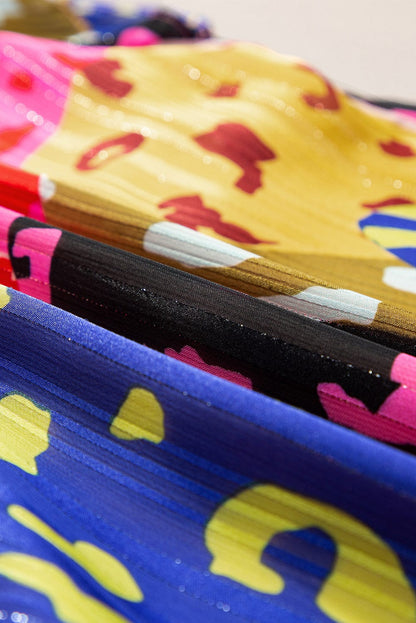 Rose Patchwork Leopard Print Ruffle Sleeve V Neck Blouse