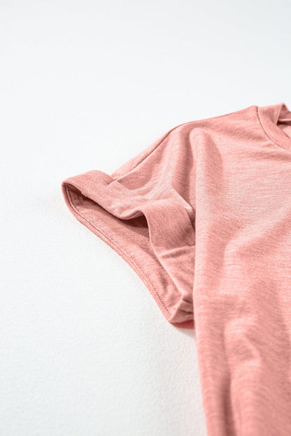 Rose Pink Crew Neck Tee Dress with Center Seam and Rolled Cuffs
