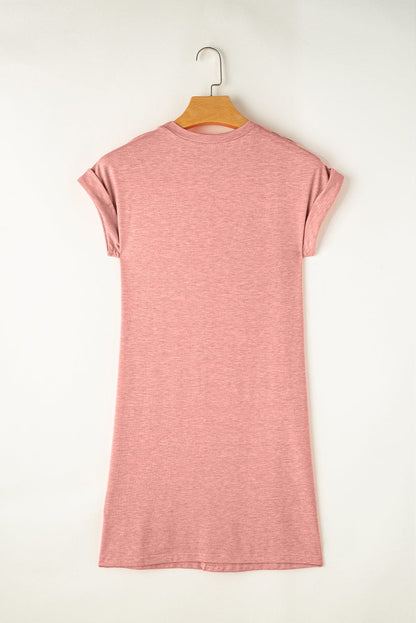 Rose Pink Crew Neck Tee Dress with Center Seam and Rolled Cuffs