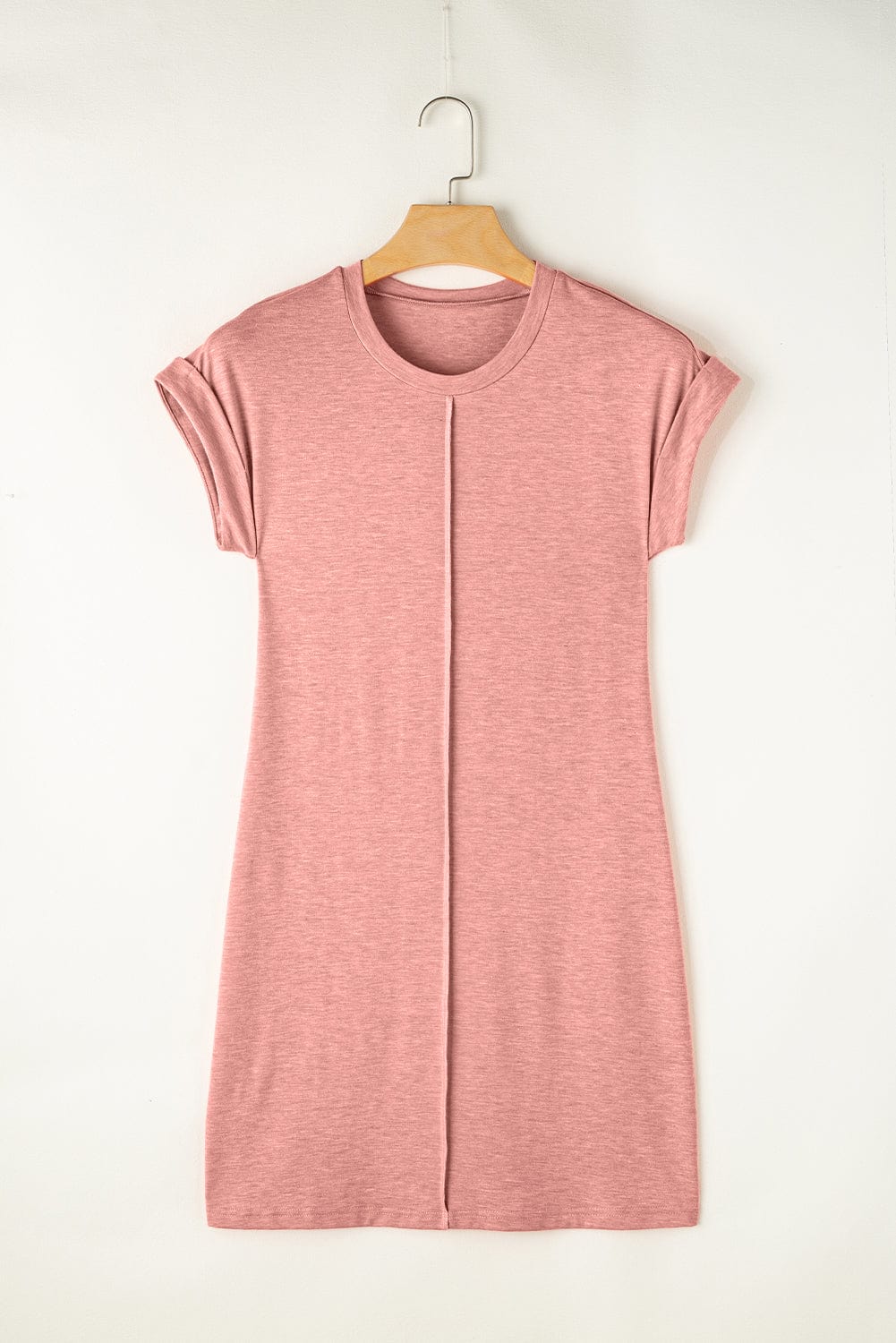 Rose Pink Crew Neck Tee Dress with Center Seam and Rolled Cuffs