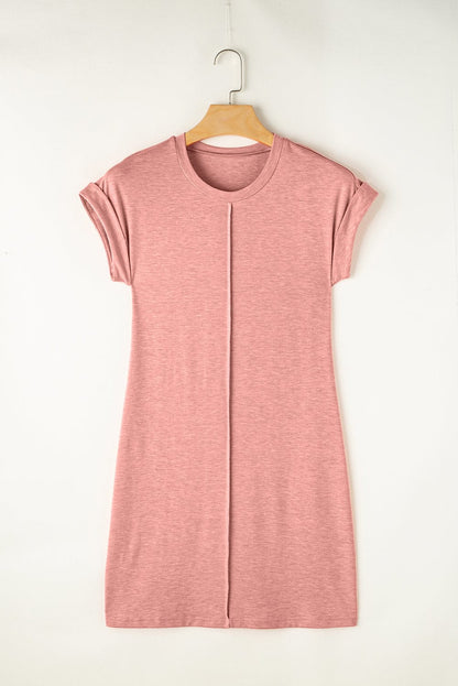 Rose Pink Crew Neck Tee Dress with Center Seam and Rolled Cuffs