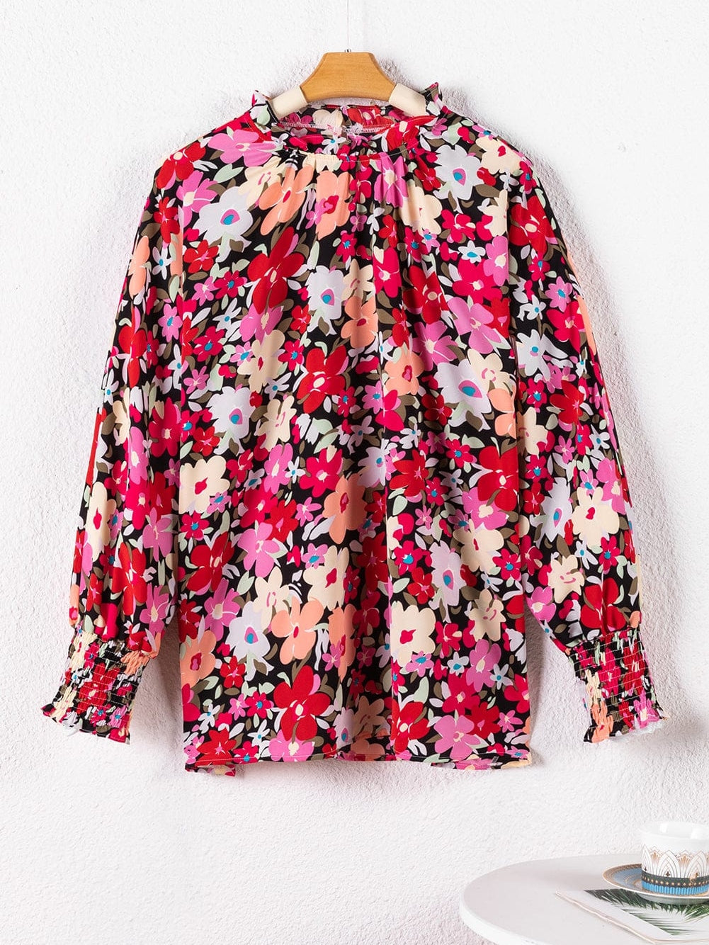 Rose Print Frilled Neck Smocked Bracelet Sleeve Blouse