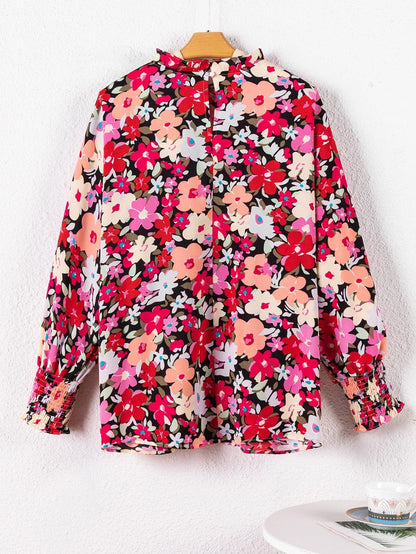 Rose Print Frilled Neck Smocked Bracelet Sleeve Blouse