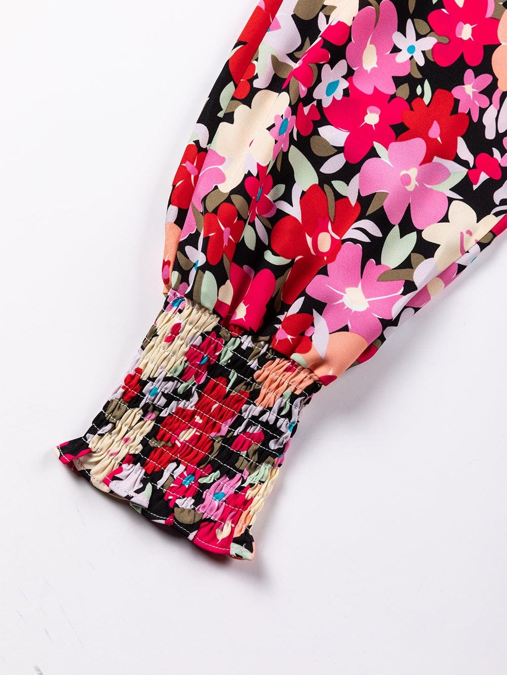 Rose Print Frilled Neck Smocked Bracelet Sleeve Blouse