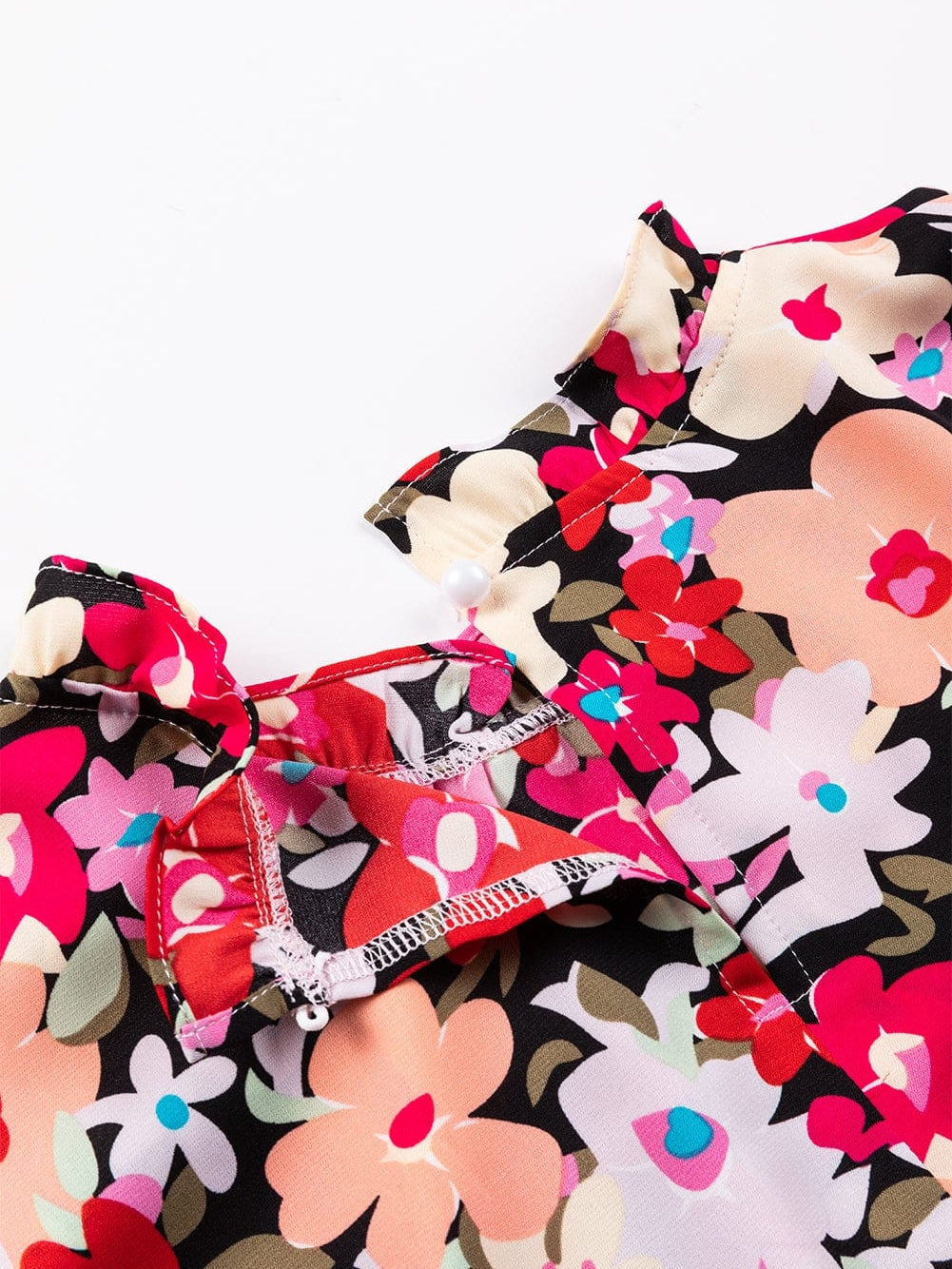 Rose Print Frilled Neck Smocked Bracelet Sleeve Blouse