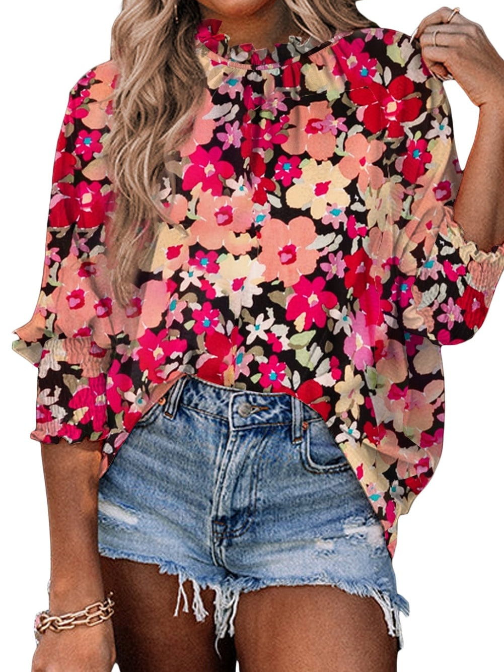 Rose Print Frilled Neck Smocked Bracelet Sleeve Blouse