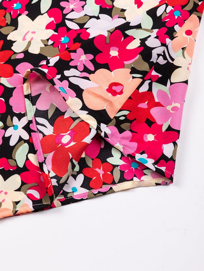 Rose Print Frilled Neck Smocked Bracelet Sleeve Blouse