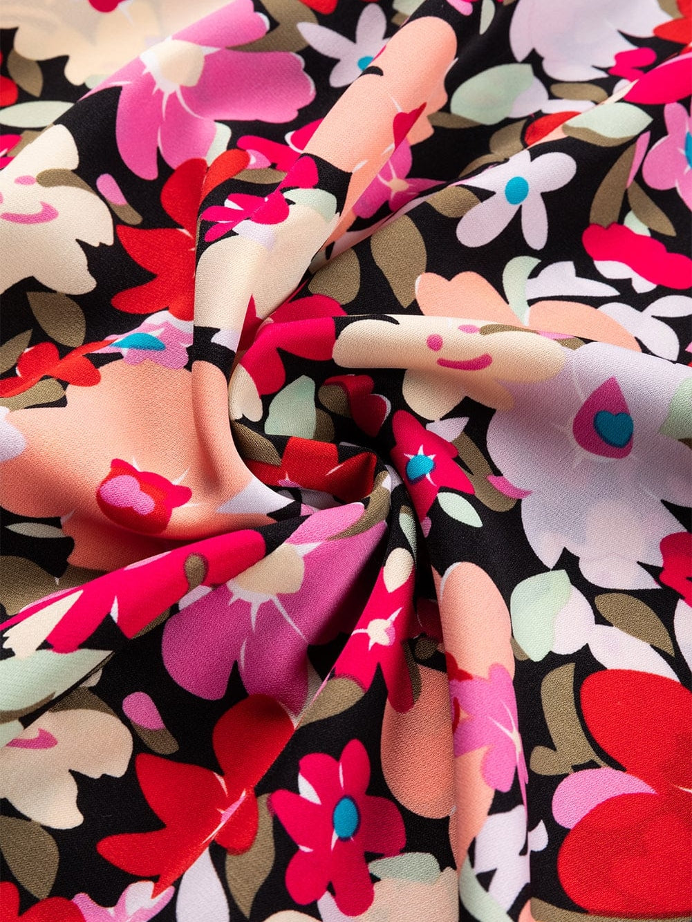 Rose Print Frilled Neck Smocked Bracelet Sleeve Blouse