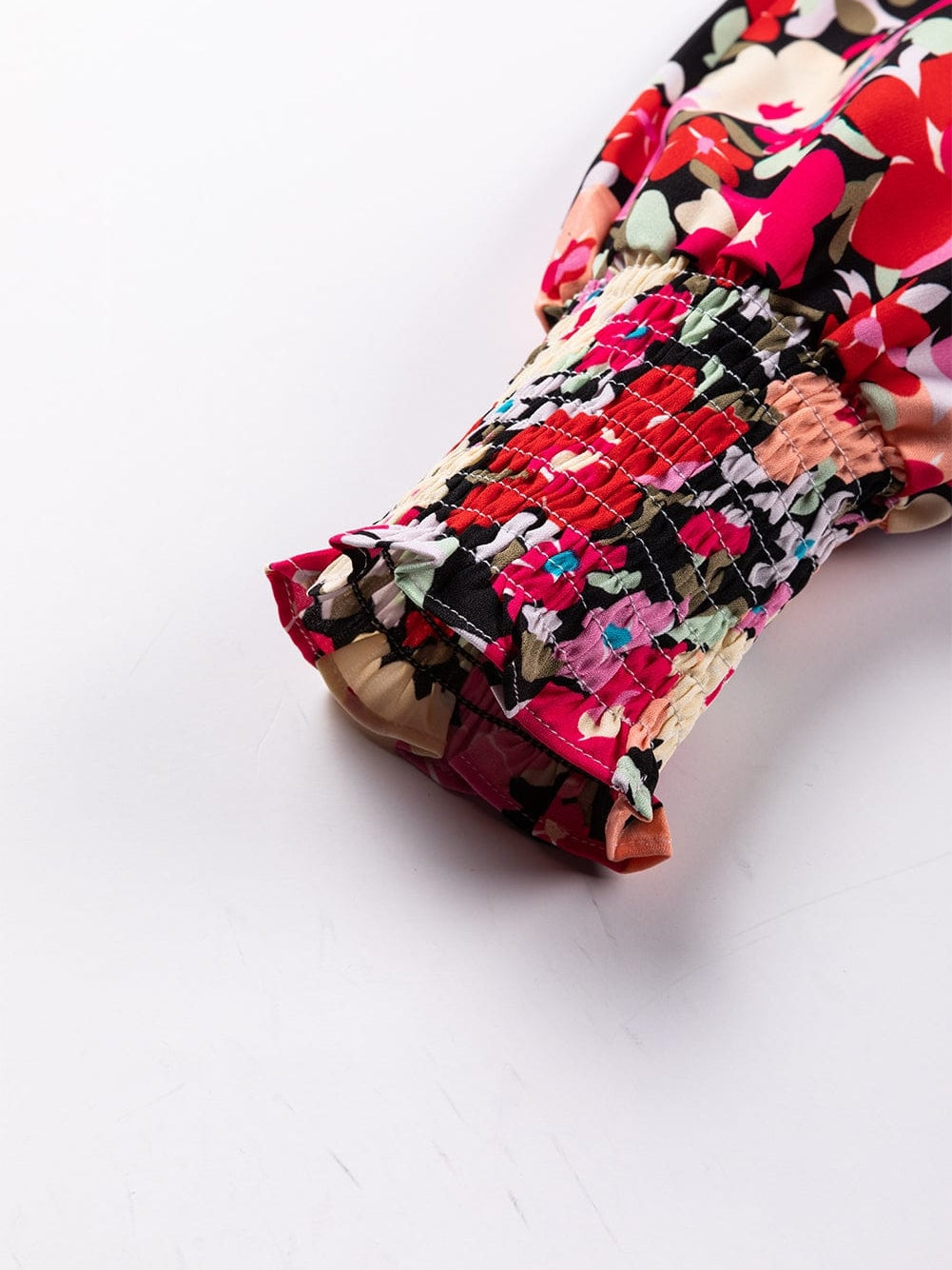 Rose Print Frilled Neck Smocked Bracelet Sleeve Blouse