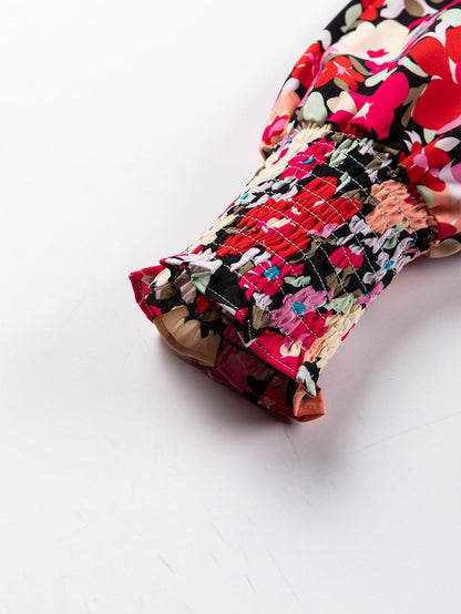 Rose Print Frilled Neck Smocked Bracelet Sleeve Blouse
